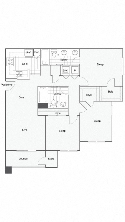 Floor plan for 2 beds, 2 baths, 1235 sqft